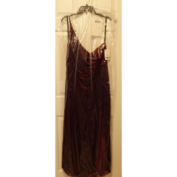 AFTER SIX 1556 SIZE 14 ONE-SHOULDER VELVET MAXI DRESS POCKETS CABERNET RED NEW - Picture 4 of 5
